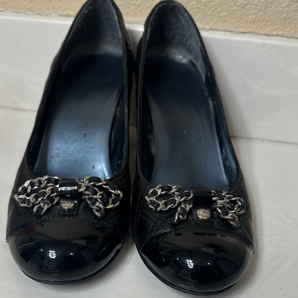 Stuart Weitzman Black Flats with Silver Chain Accent